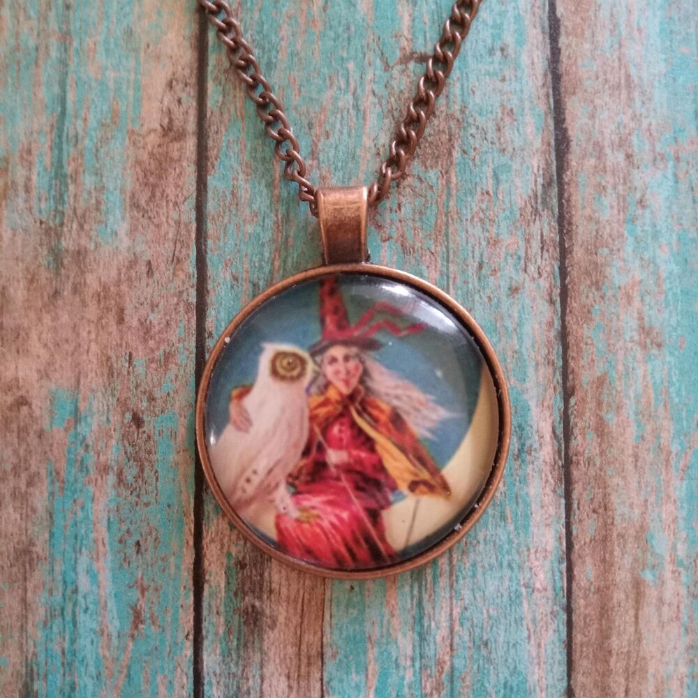 Halloween Pendant Necklace, Vintage Witch on Moon Image, Art Under Glass
